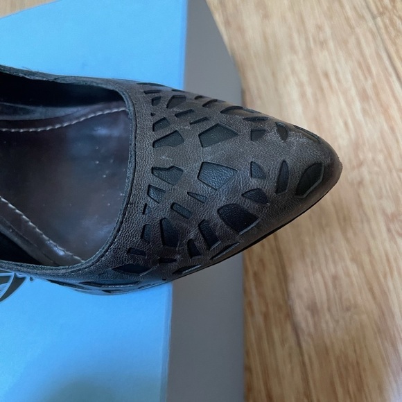 Super cool Jump for Fun Bacardi pumps 7.5 Black Peep toe chunky 3 heel like New - Picture 5 of 15